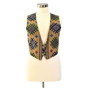 90s Vintage Southwest Print Vest Womens M Sleeveless Crop Top Camel Navy Blue